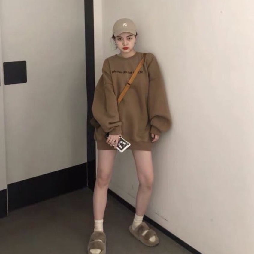 Áo Nỉ Please Nâu Nữ [FREESHIP] 🌸 Sweater form rộng tay bồng, revue hoodie in hình cá tính Ulzzang 🌸