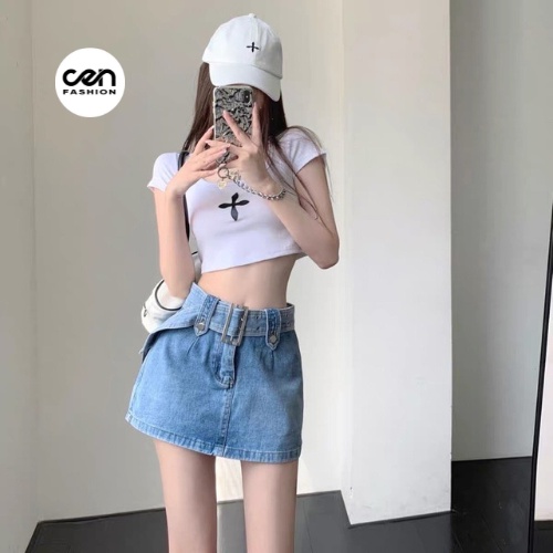 Chân váy jean kèm đai to Lưng Cao, có quần trong CEN FASHION