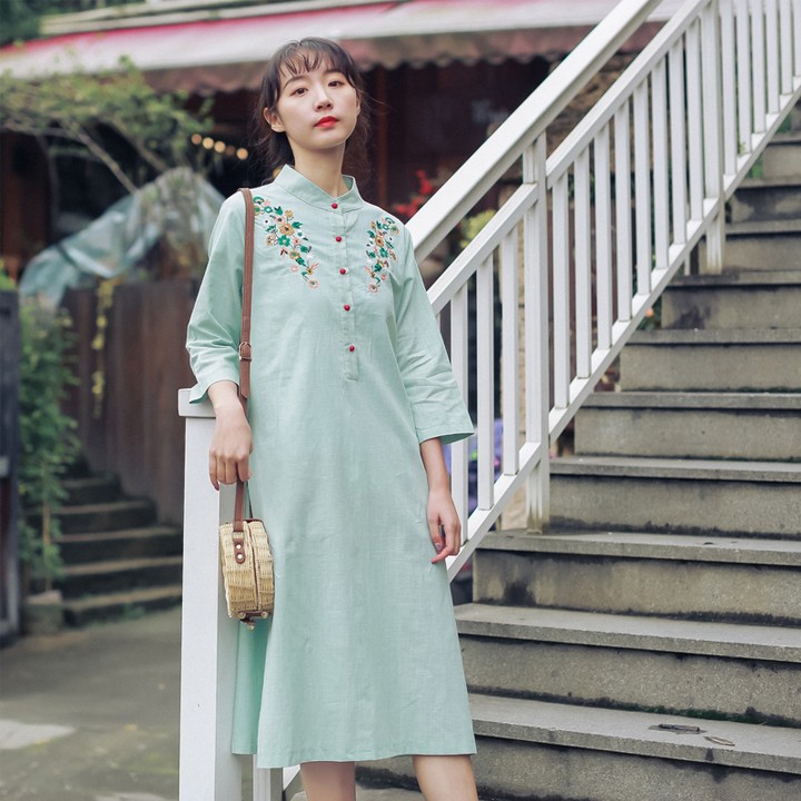 THANH LÝ HÀNG TỒN KHO Đầm bầu công sở cổ tàu thêu hoa hàng nhập Quảng Châu