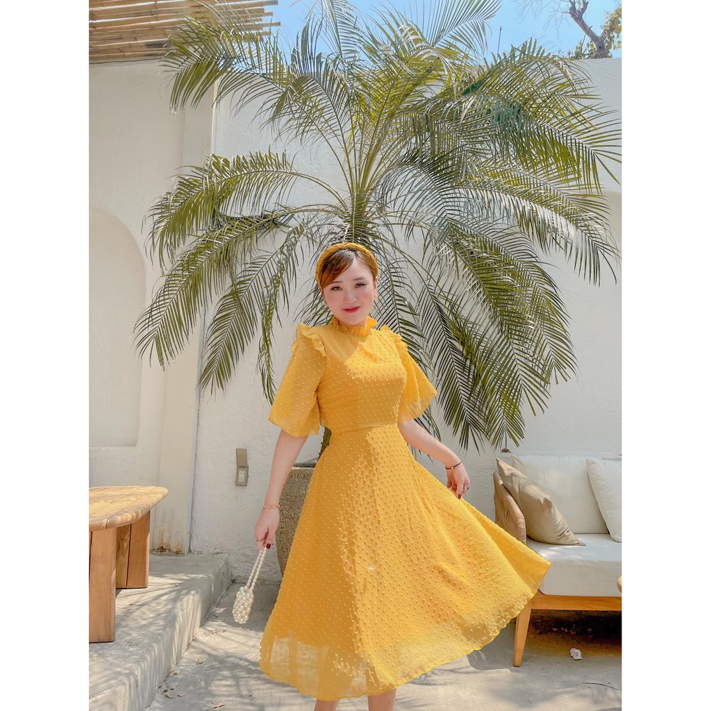ĐẦM BI REN NỔI CỘT NƠ LƯNG XANH - VÀNG | BigBuy360 - bigbuy360.vn