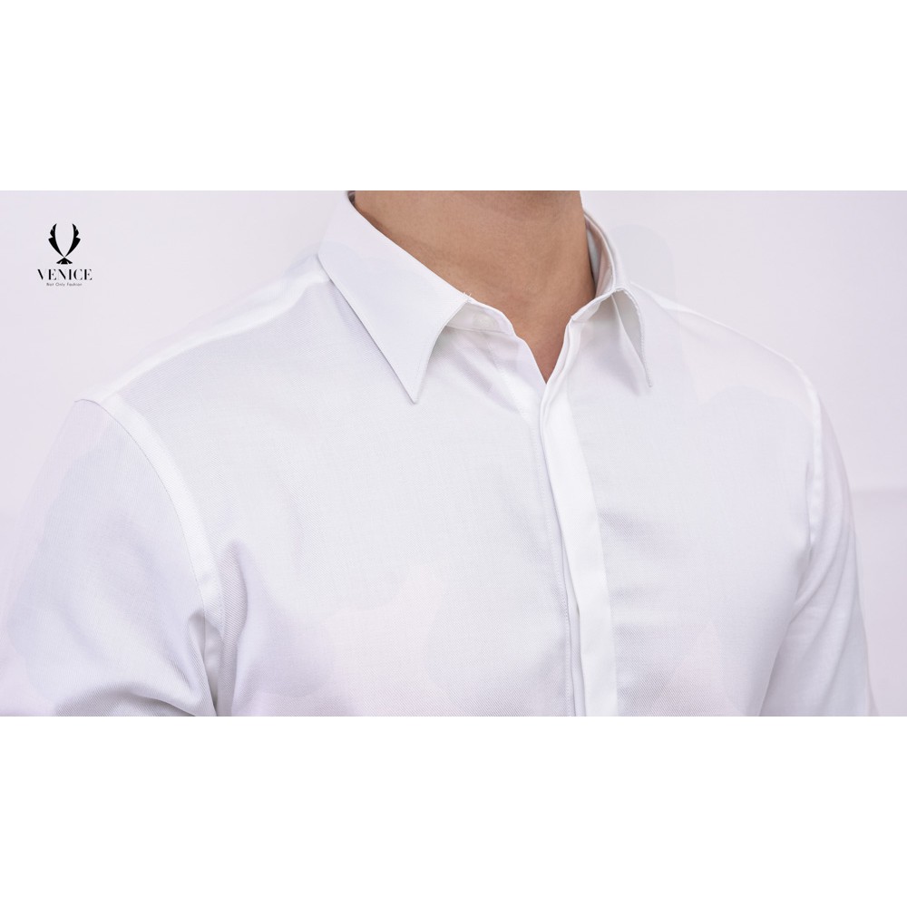 Sơ Mi Nam Dài Tay Công Sở VENICE - Màu Trắng Chéo To, Cổ Thg, Giấu Khuy (cúc trắng), Form Slim Fit, Vải Cotton Pha Sợi