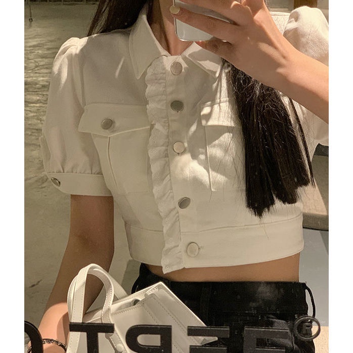 [F &amp; X] Áo Khoác Denim Tay Ngắn Dáng Ôm Viền Ren Thời Trang Mùa Hè Mới Cho Nữ