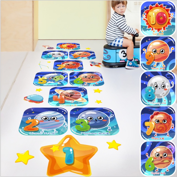Decal dán tường trang trí - Ô lò cò bé bong bóng hành tinh xanh cho bé