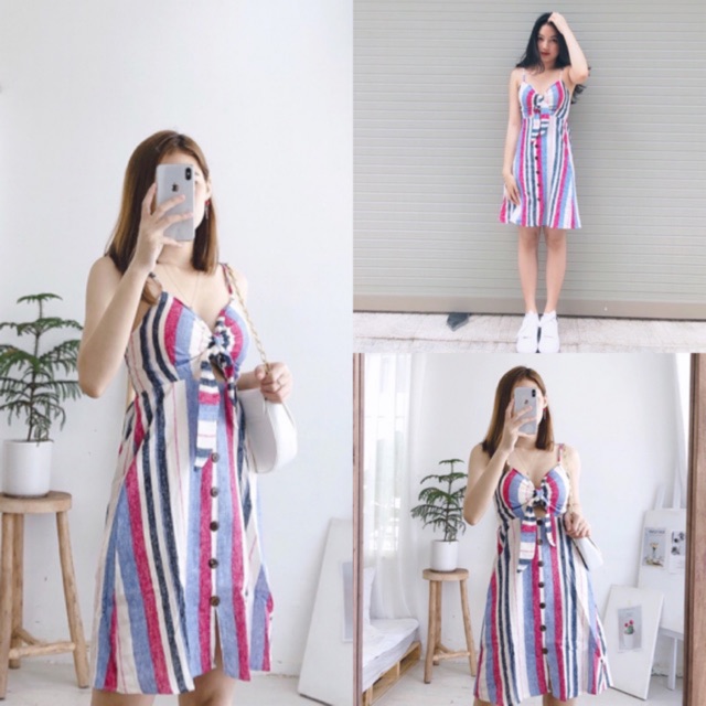 Đầm xinh Oreoo Dress chất vải line sọc from tôn dáng có kèm lót và mút ngực thiết kế cột nơ trước ngực sau lưng bo chun