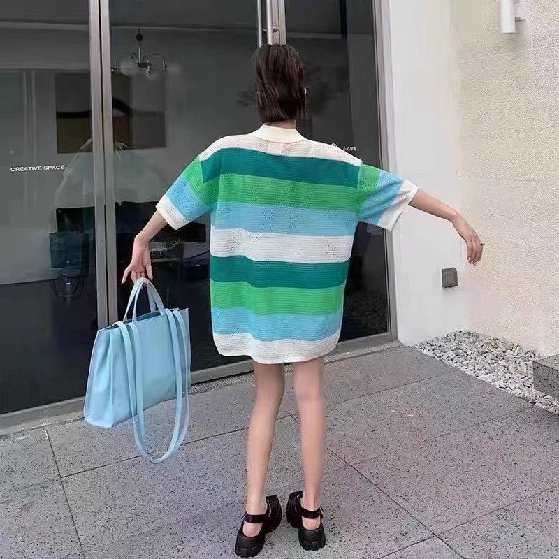 Áo len kẻ ngang vân trám oversize form rộng giấu quần