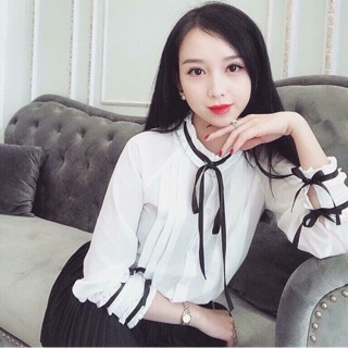 Áo sơ mi dài tay nữ cổ bèo nơ điệu đà SM36