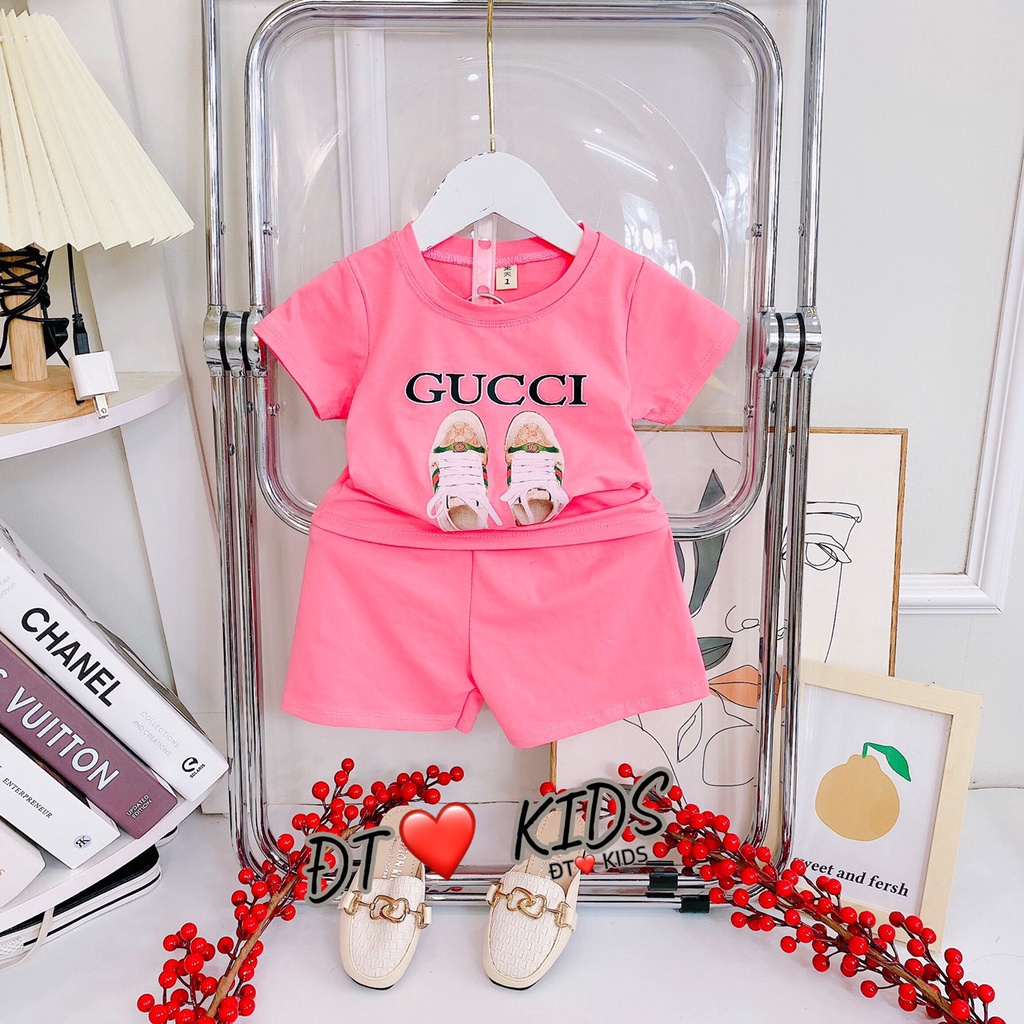 Bộ cộc tay bé gái, bộ quần áo họa tiết đôi giày 3D cho bé size 8-35kg