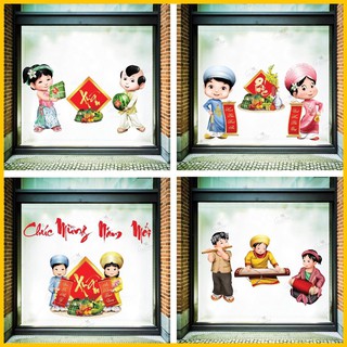 Giấy dán tường trang trí ngày tết cao cấp - Decal Bé chúc tết dán được trên tường và cửa kính (HN)