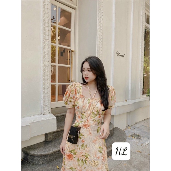 Váy hoa midi vải voan tơ siêu tôn dáng