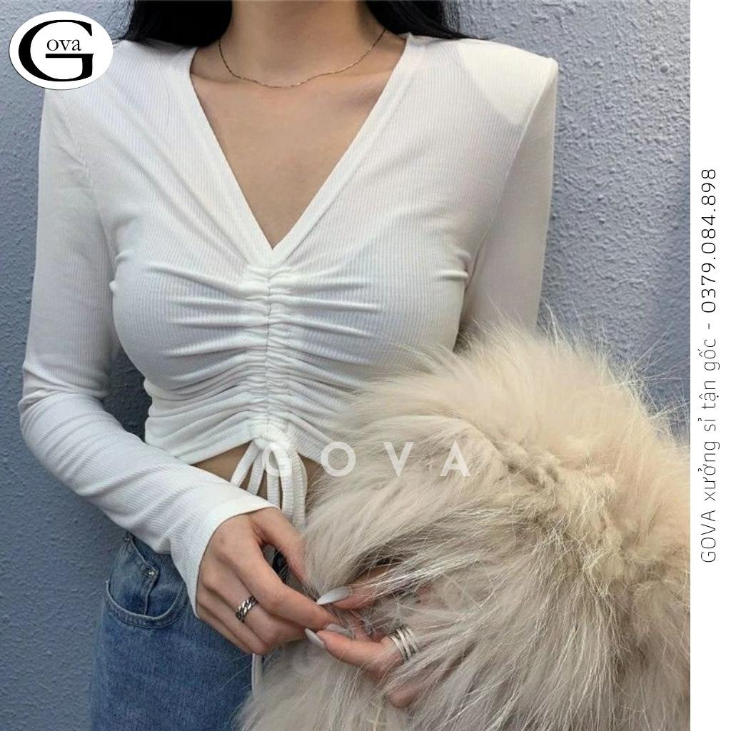 Áo Croptop cổ V nhún ngực rút dây Hot Trend Áo kiểu nữ ôm chất thun Cao Cấp gân mềm mát