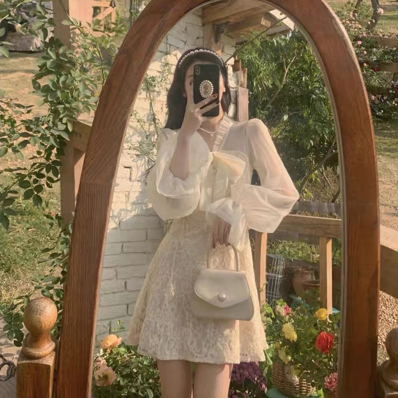 Váy ulzzang ren lưới kiểu tiểu thư tay loe/Đầm xoè công chúa dự tiệc bánh bèo điệu vintage đi tiệc