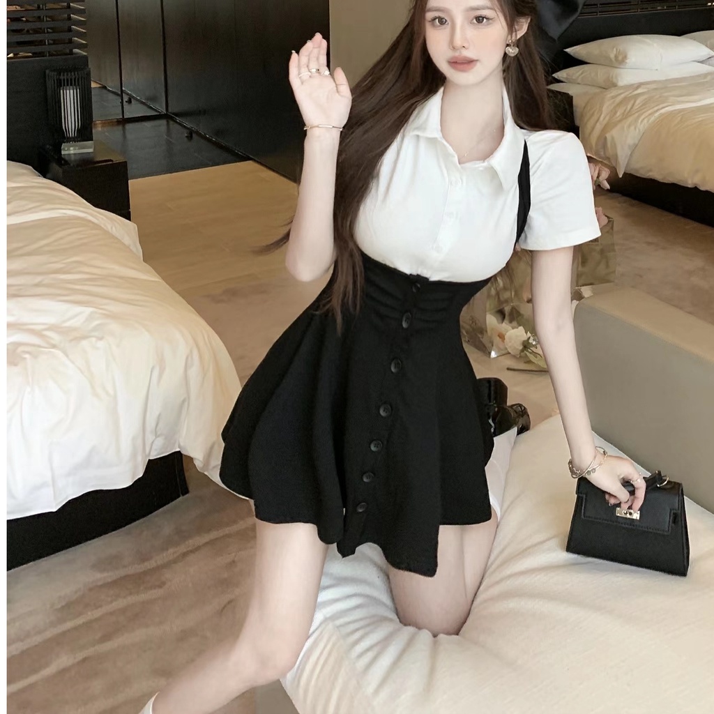 Set Áo Thun Ngắn Tay Cổ Bẻ + Chân Váy Yếm Phong Cách Hong Kong Thời Trang Mùa Hè Mới Cho Nữ