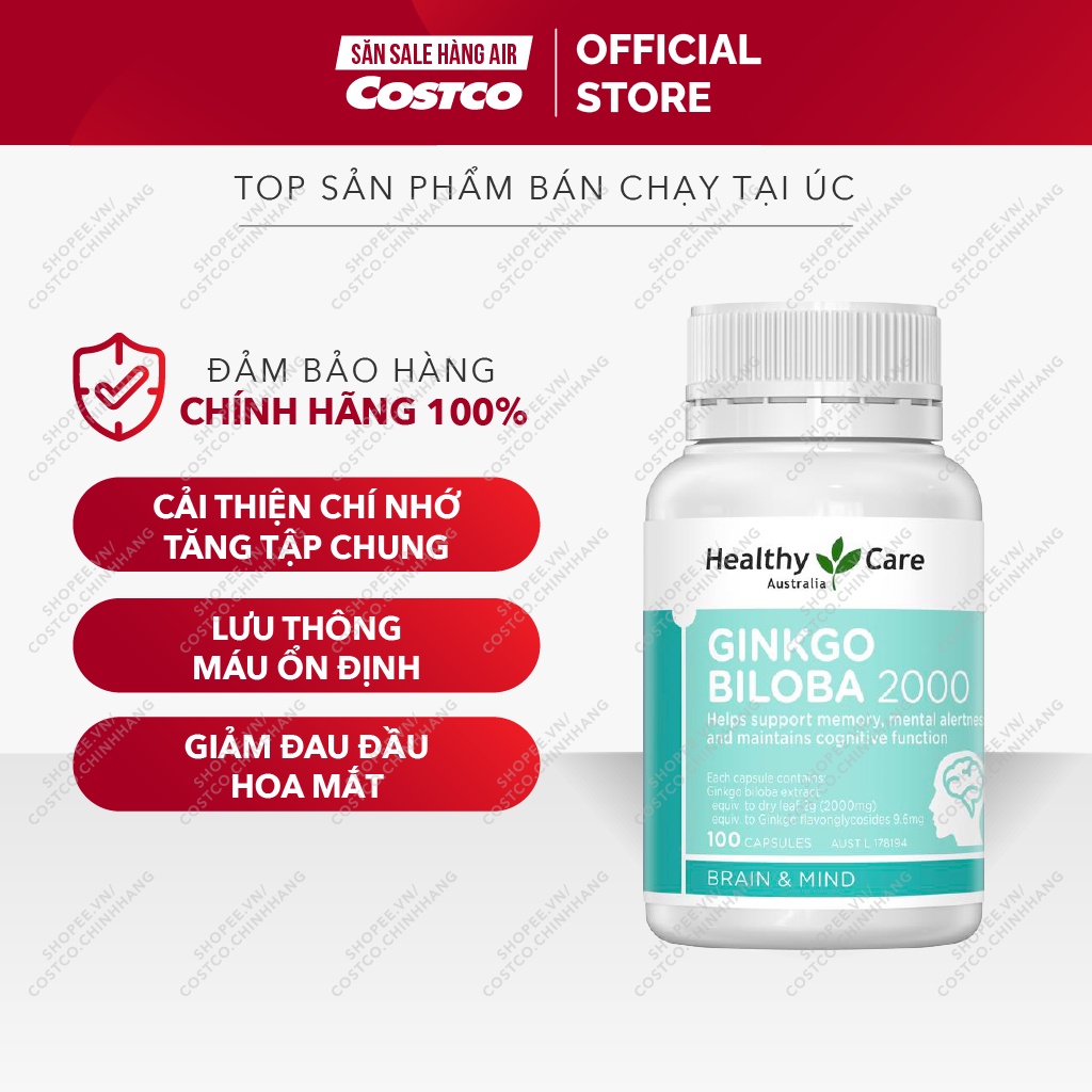 Bổ não Ginkgo tăng trí nhớ, giảm đau đầu, hoa mắt chóng mặt [Đủ bill] Healthy Care Ginkgo Biloba 2000 loại 100 viên