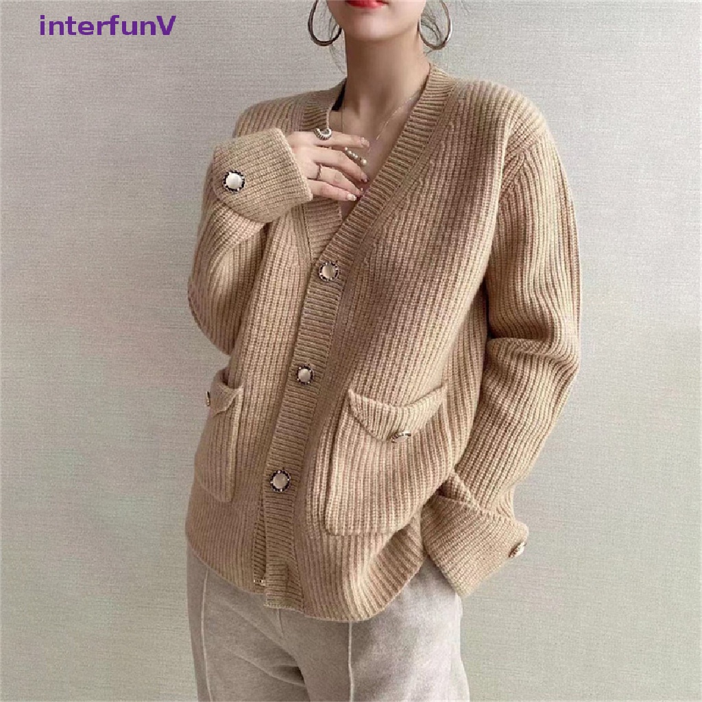 [InterfunV] Áo Khoác Cardigan Dệt Kim Dáng Rộng Có Túi Phối Nút Thời Trang Thu Đông Dành Cho Nữ [Mới]