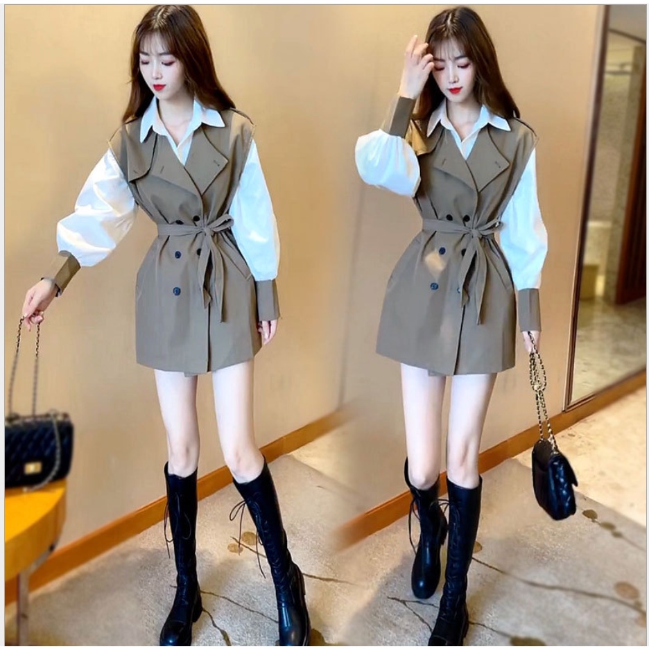 Set áo sơ mi phối mix gile kèm đai