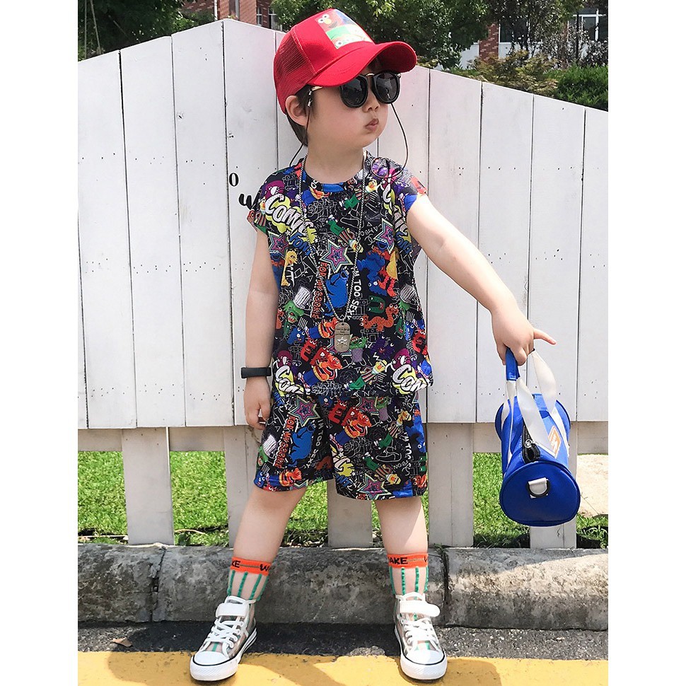 Set quần áo cộc tay họa tiết hoạt hình cho bé gái, vải thun co giãn nhiều màu sắc, bộ quần áo ba lỗ cho bé dạo phố