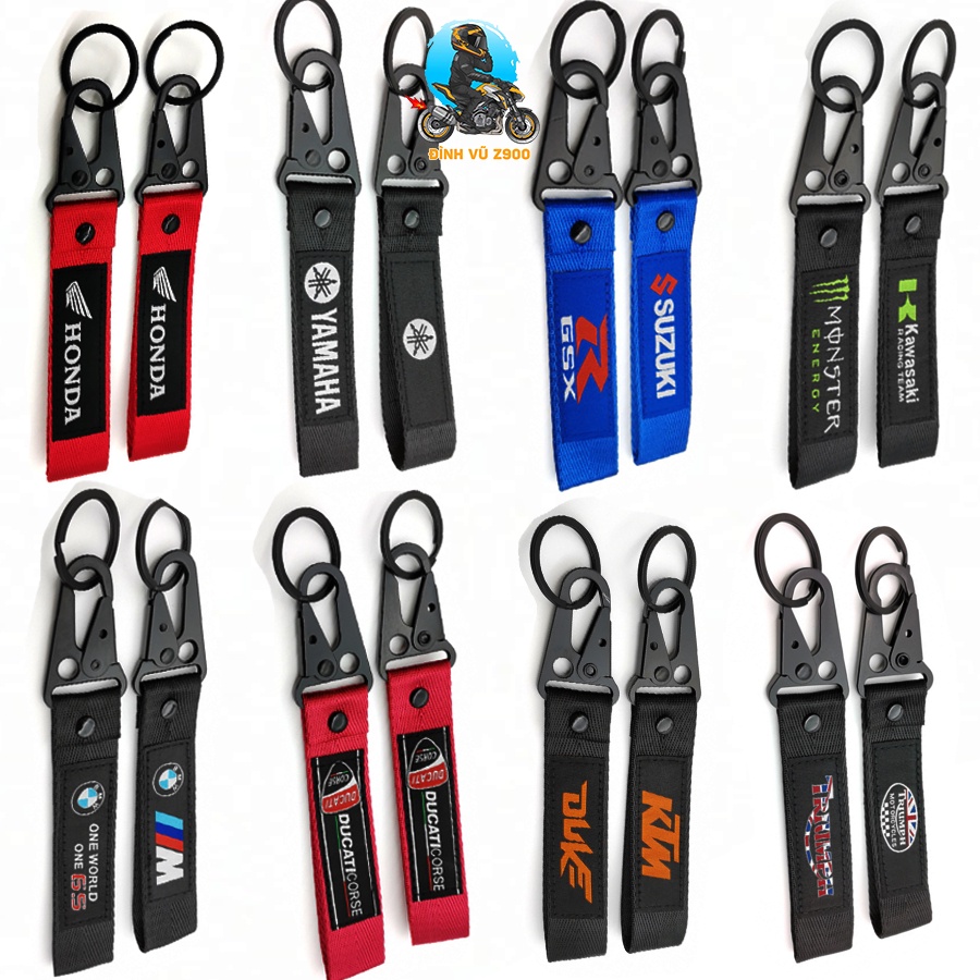 Móc chìa khóa đầu bấm kim loại CHẮC CHẮN, dây vải DÀY DẶN, logo THÊU các hãng xe phân khối lớn