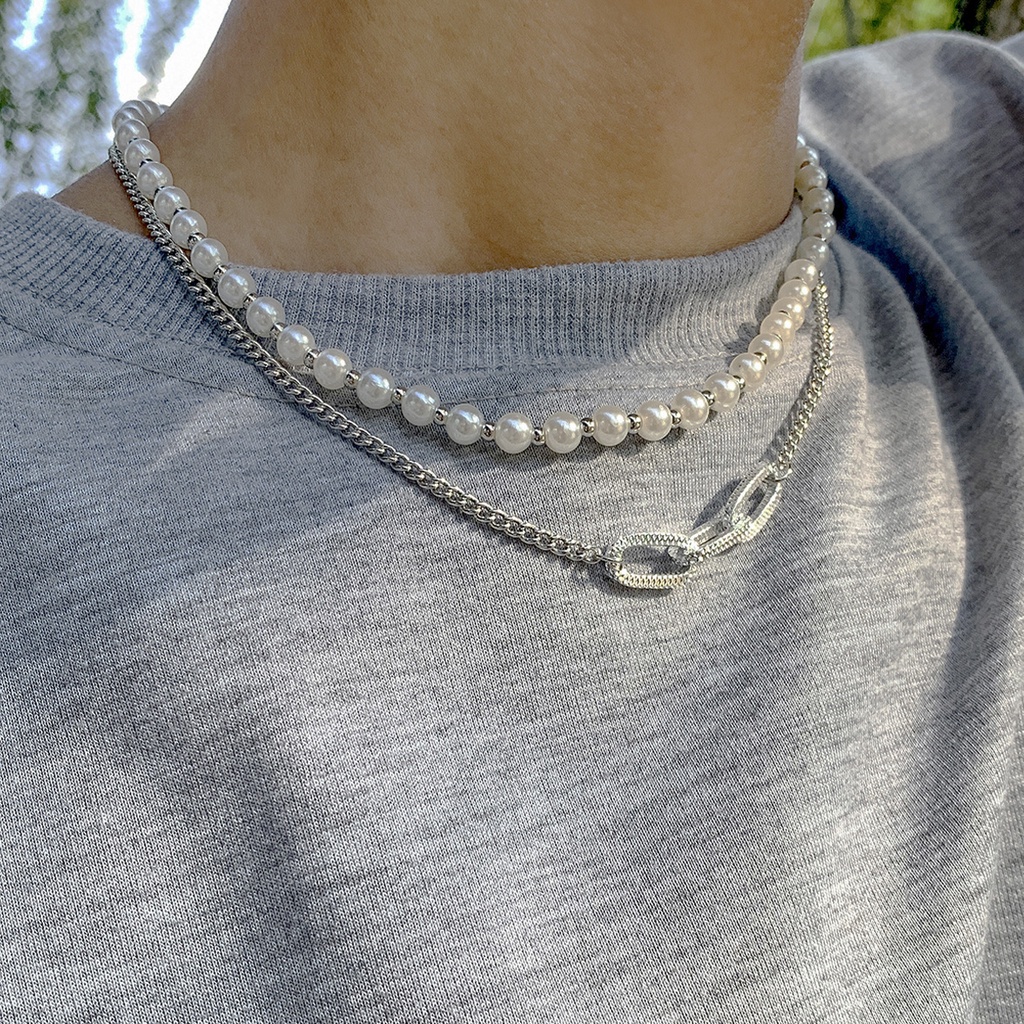 Vòng Cổ Choker Hai Lớp Đính Ngọc Trai Nhân Tạo Phong Cách Hip Hop Hàn Quốc Cá Tính