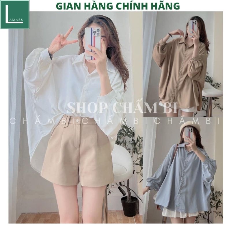 Áo sơ mi nữ hàn quốc tiểu thư bánh bèo dễ thương trơn tay bồng form rộng cực xinh chất lụa mềm mại -LAMASS