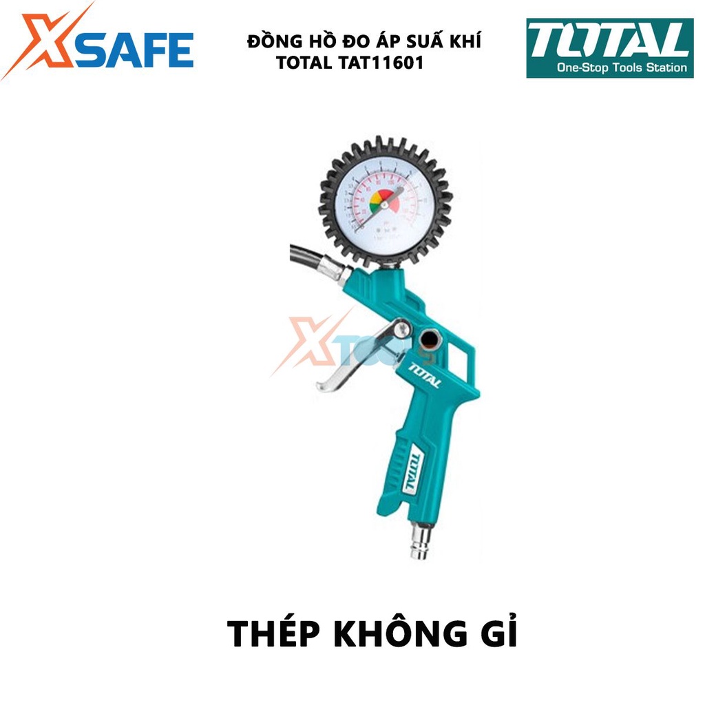 Đồng hồ đo áp suất khí Total TAT11601 Dụng cụ bơm hơi khí có đồng hồ Áp lực 12bar(174psi) Chiều dài vòi 350mm