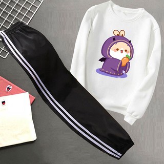 SET Bộ Đồ Nữ Gồm Thu Đông Áo Thun Phông Trắng Cotton Organic Dài Bo Tay  In Hình Bé Thỏ Tím Mix Quần Thun 2 Sọc Bo Gấu