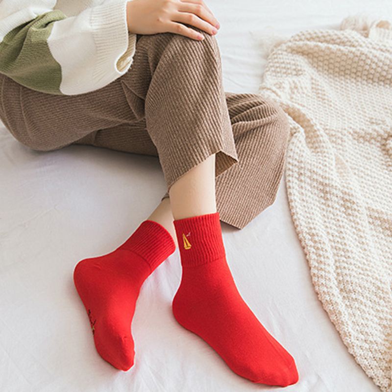 Youyo Vớ Cotton Cổ Thuyền Màu Đỏ Thêu Hình Chuột May Mắn Trung Hoa Cho Nữ