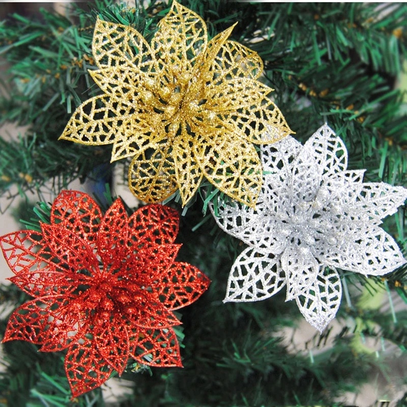 Set 5 Bông Hoa Nhựa Lấp Lánh Trang Trí Giáng Sinh / Năm Mới DIY