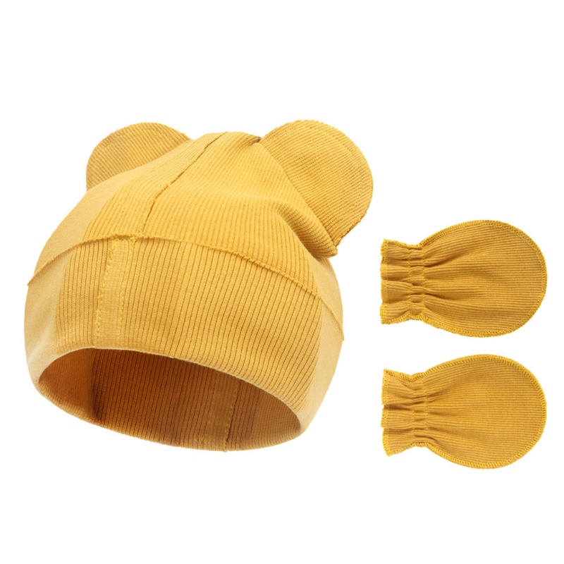 Bộ Găng Tay + Mũ + Găng Tay Bằng Cotton Mềm Chống Trầy Hình Tai Gấu Dễ Thương Cho Bé Sơ Sinh