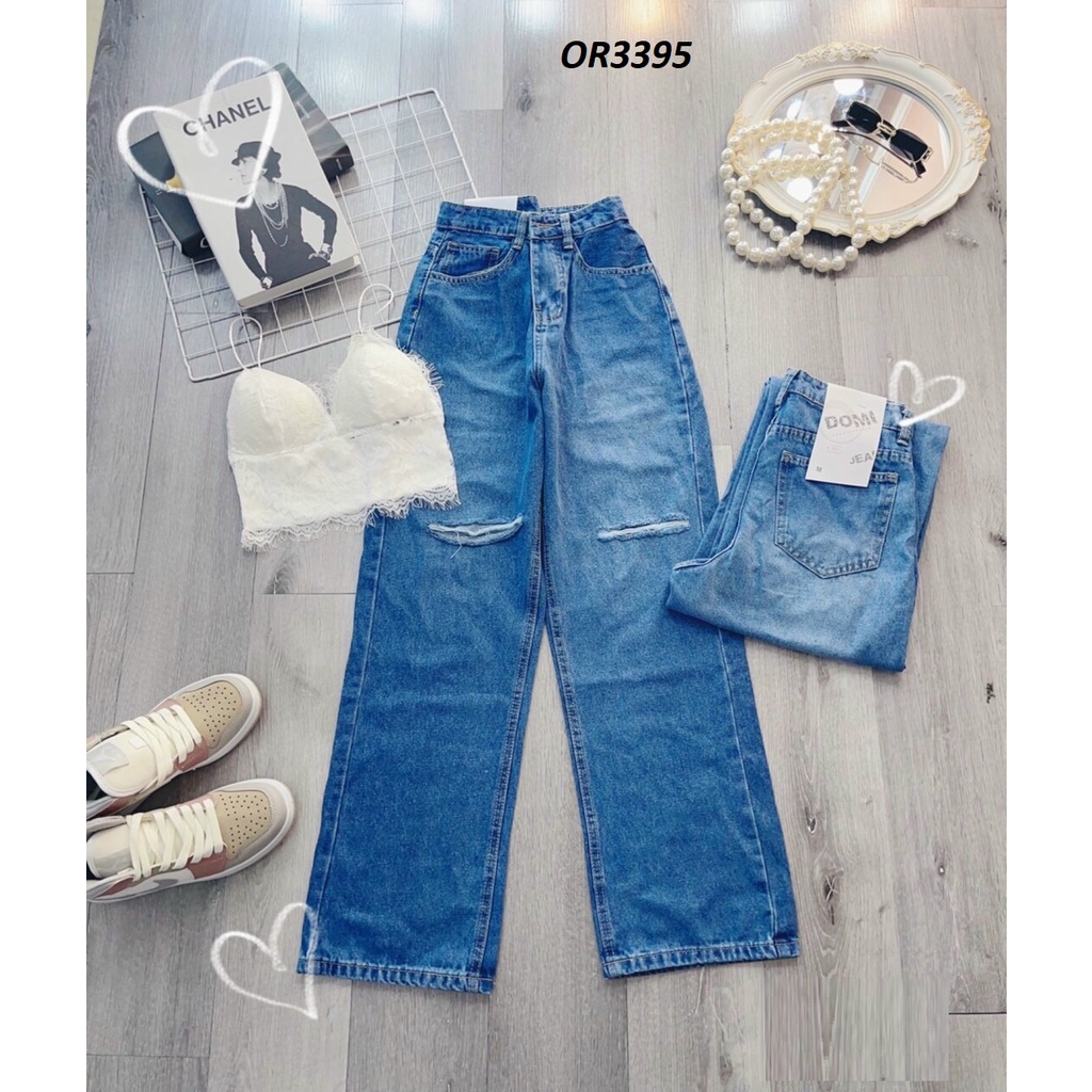 Quần jeans ống suông rộng rách gối OR3395