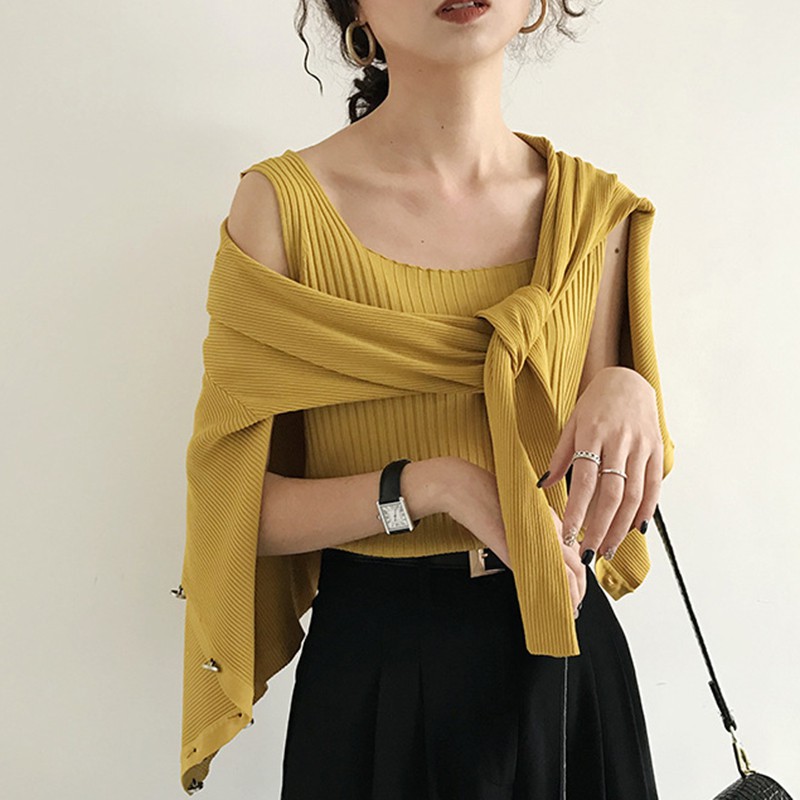 Women's Square Collar Sleeveless Knitted Crop Tank Top | BigBuy360 - bigbuy360.vn