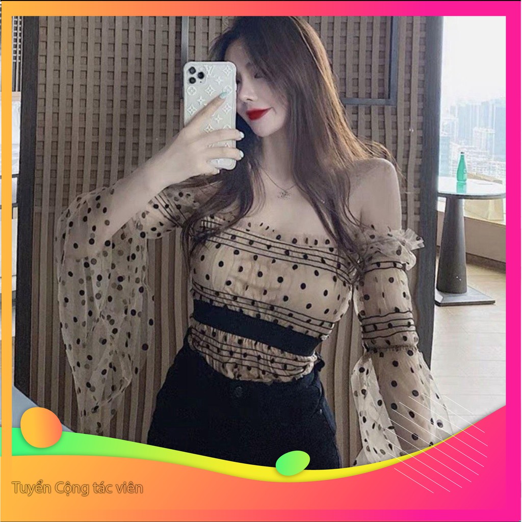 Dọn kho 1125A36B1 Áo kiểu trễ vai chấm bi nhún eo Dọn kho