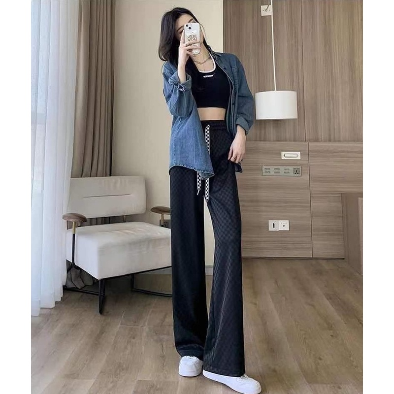 Quần Dài Ống Rộng Họa Tiết Kẻ Sọc Bằng Lụa Lạnh Thời Trang Mùa Hè Dành Cho Nữ 2022