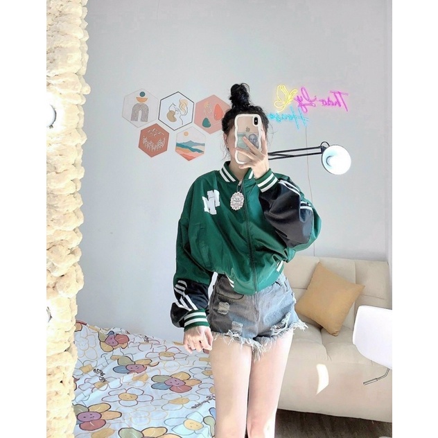 Áo khoác lửng croptop dù 2 lớp in MM phối sọc tay phồng cánh dơi unisex ulzzang nam nữ