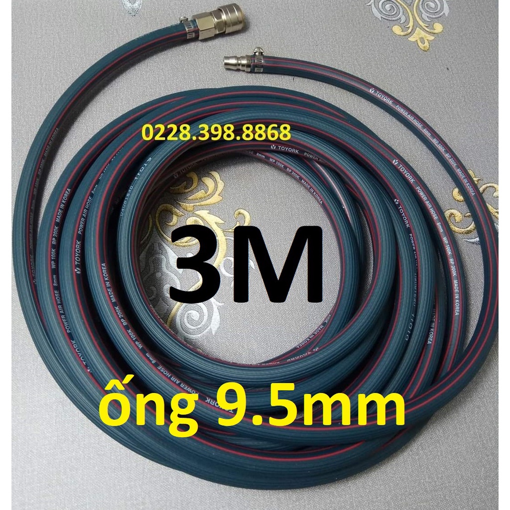 Dây hơi cao su bố vải 3m, made in Korea, lỗ 9.5mm, kèm bộ đầu nối nhanh cao cấp (SS2597) (SS1994)