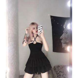 Set áo cột dây yếm và chân váy xếp ly thun tầng có bán lẻ áo và chân váy