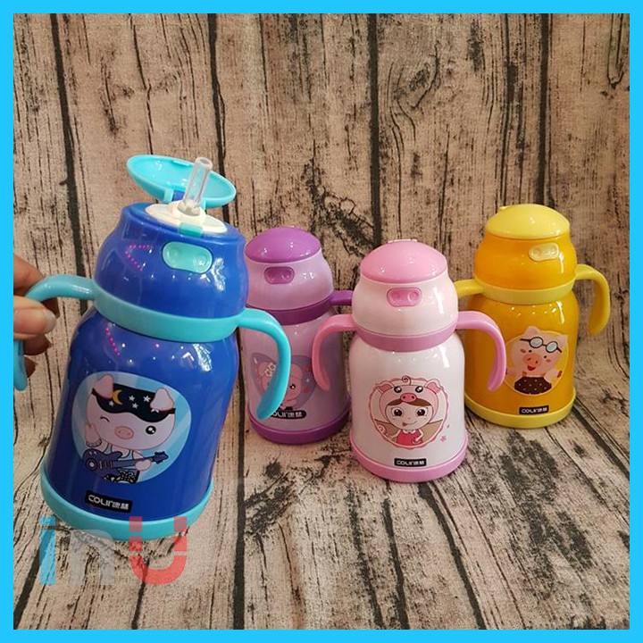 HCM - Bình giữ nhiệt hình Heo cute có tay cầm và vòi uống nước cho bé 300ml