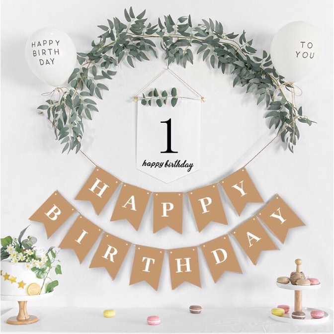 Banner Cờ in số tuổi sinh nhật kèm lá decor trang trí sinh nhật Happy Birthday kiểu phong cách Hàn Quốc
