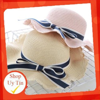 Mũ cói vành tròn pha nơ đen dành cho bé gái mùa hè