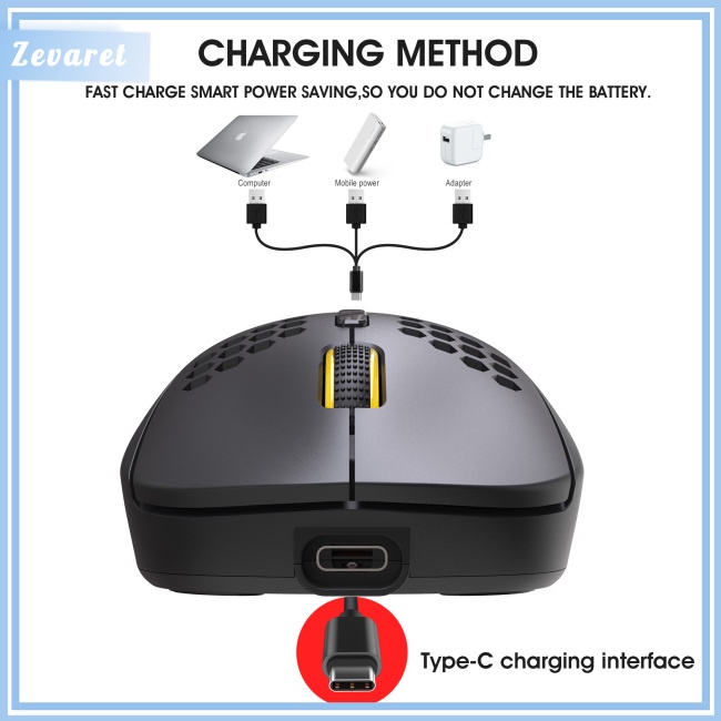 Chuột Gaming Zevaret 2.4g Không Dây, TíCh HợP SạC Type-c