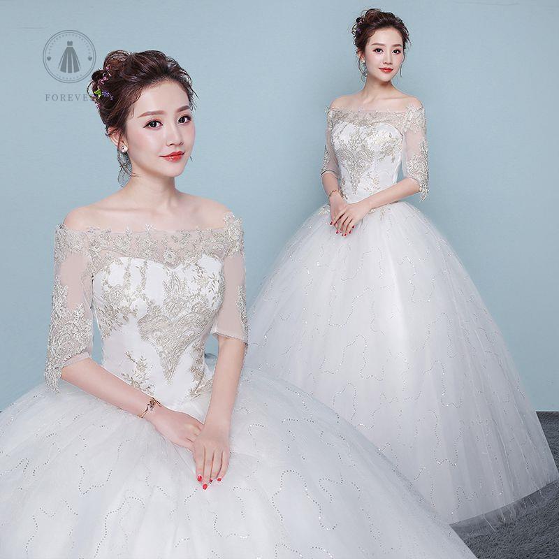LOVE Váy cưới 2022 váy cưới cô dâu học sinh cấp 2 lưới màu đỏ mỏng phù hợp với một từ vai cung điện Phong cách Hàn Quốc