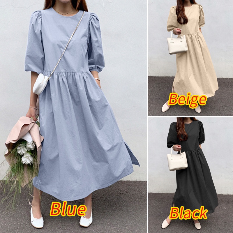 Đầm Zanzea tay phồng cổ tròn nút cài sau lưng thời trang cho nữ