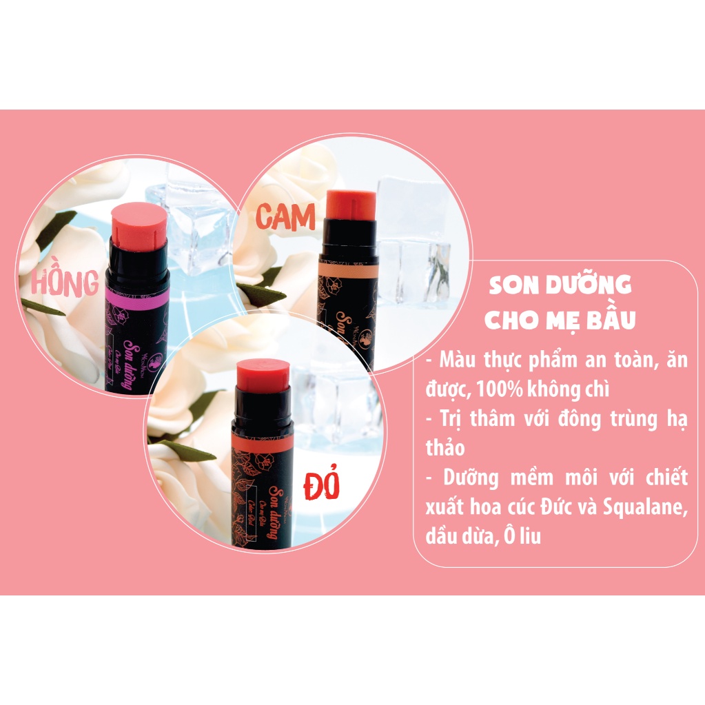 Son dưỡng môi WONOM cho mẹ bầu - Có 3 màu Hồng Cam Đỏ - Không chì - Màu thực phẩm, ăn đươc - Chính hãng