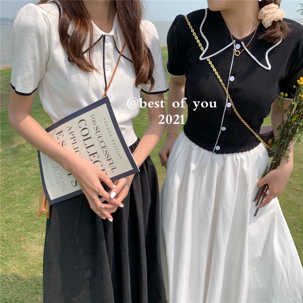 SUXI Áo Dệt Kim Tay Ngắn Phồng Cổ Polo Hàng Nút Đơn Phong Cách Hàn Quốc Hàng Mới