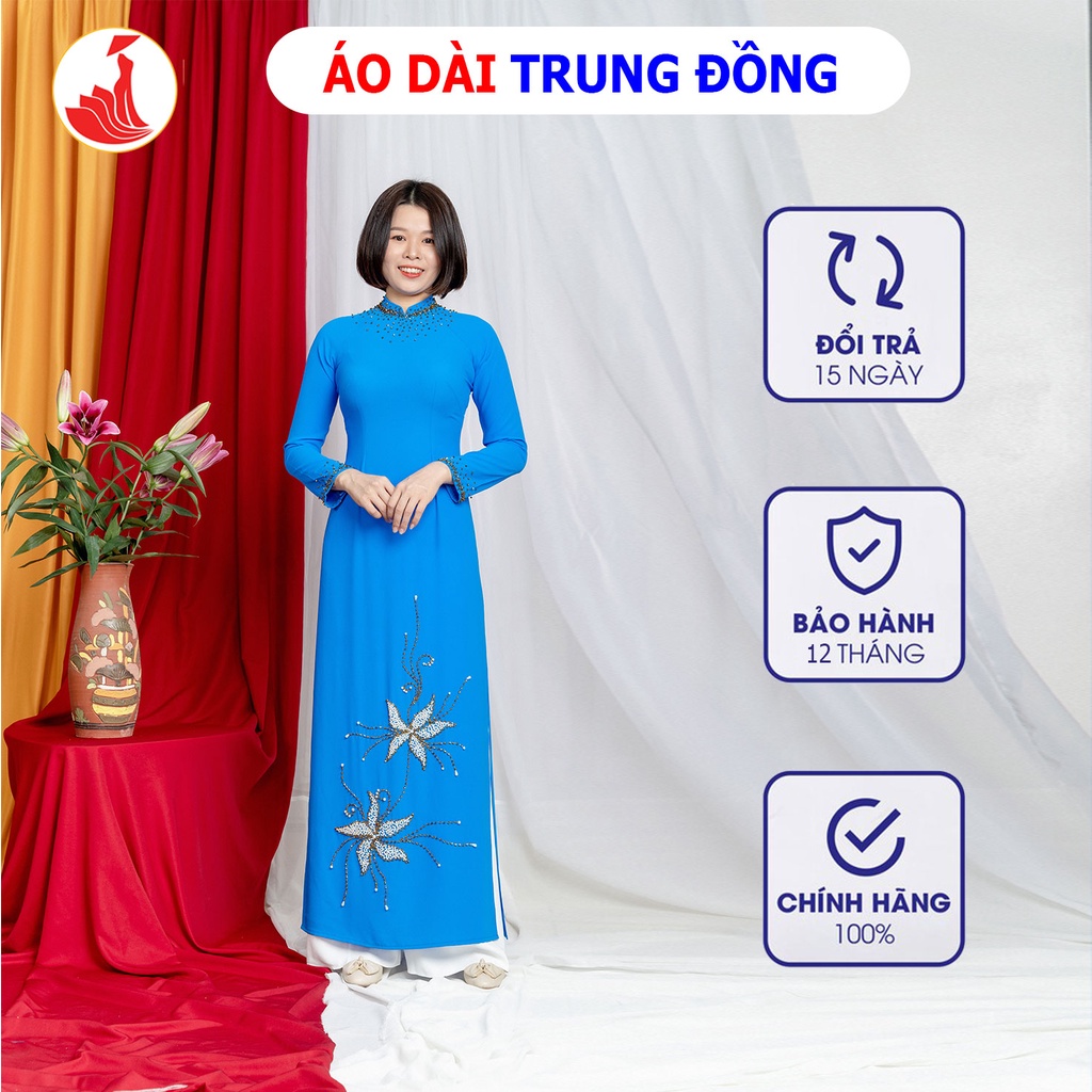 Áo dài trung niên đẹp màu xanh cổ cao, tay dài | Áo dài trung đồng