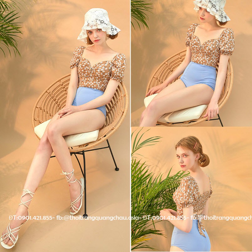 (Hàng Nhập) Bikini Retro 2 mảnh, Áo tay bo-quần cạp cao che bụng #WX2336