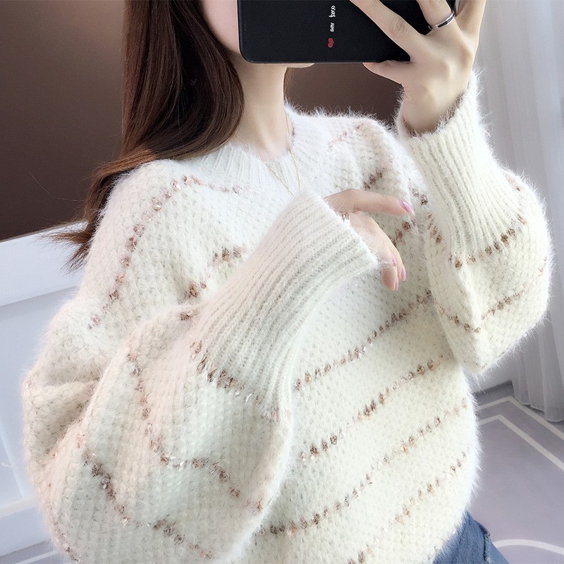 Áo len nữ đẹp, Áo len nữ dáng rộng lông xù mềm mượt, Đính sọc ngang kim tuyến sang trọng