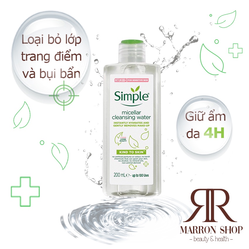 Nước tẩy trang Simple, nước tẩy trang không cồn Micellar Cleansing Water 200ml