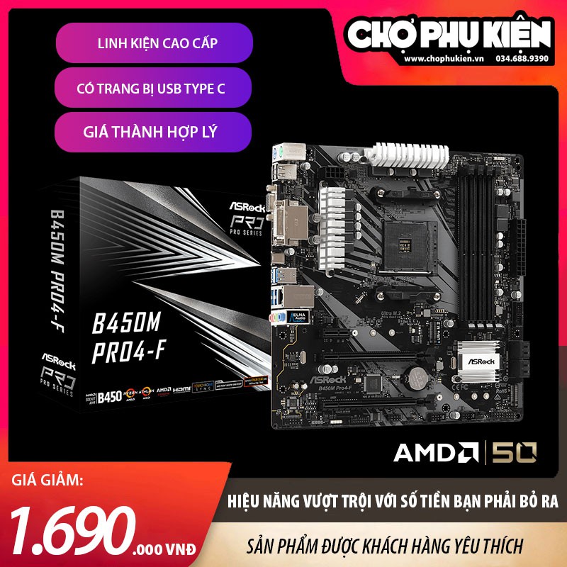 Mainboard ASROCK B450M PRO 4-F (AMD B450M, Socket AM4, m-ATX, 4 khe RAM DDR4) | BigBuy360 - bigbuy360.vn