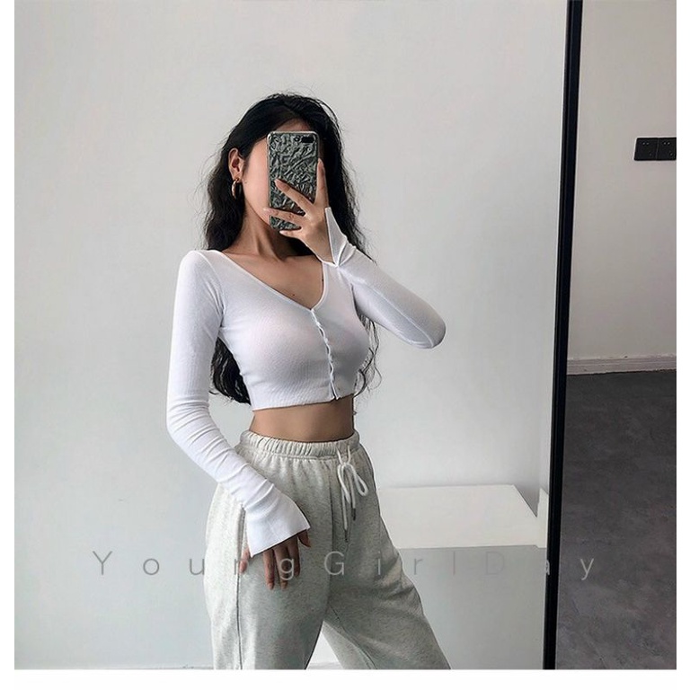 Áo Kiểu Croptop Tay dài BODY Chất Borip Lụa Mịn Mát, Freesize 53kg
