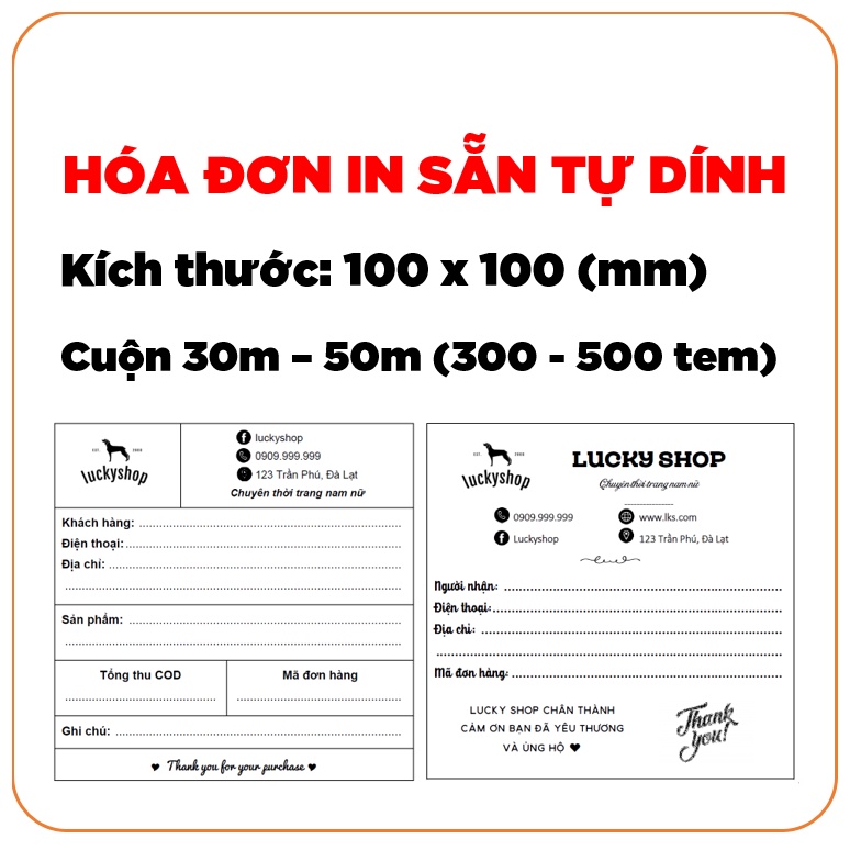 Cuộn hóa đơn / đơn hàng / phiếu giao hàng / vận đơn in sẵn tự dính 100x100mm thiết kế theo yêu cầu / nhiều mẫu tự chọn